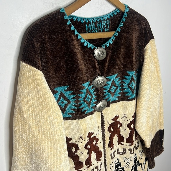 HILARY SMITH Southwestern Cowboy Chenille Tribal Cardigan Sweater Concho Buttons - Picture 4 of 15